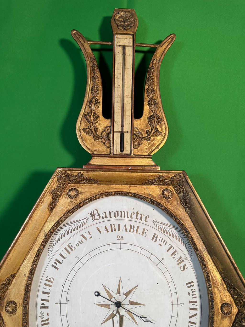 Antique French Charles X Giltwood Lyre Barometer Thermometer Signed Binda Verdun