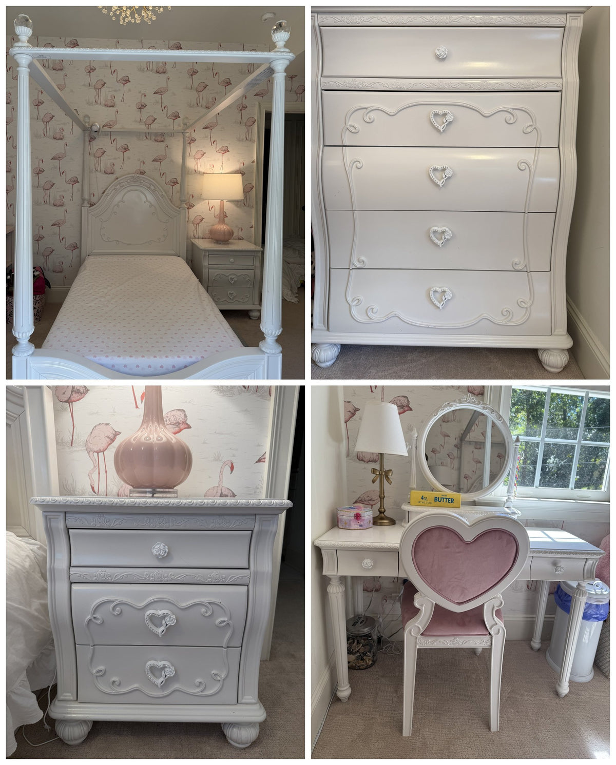 Sparkle White bedroom set: canopy bed, 5-drawer chest, nightstand, and vanity with heart chair