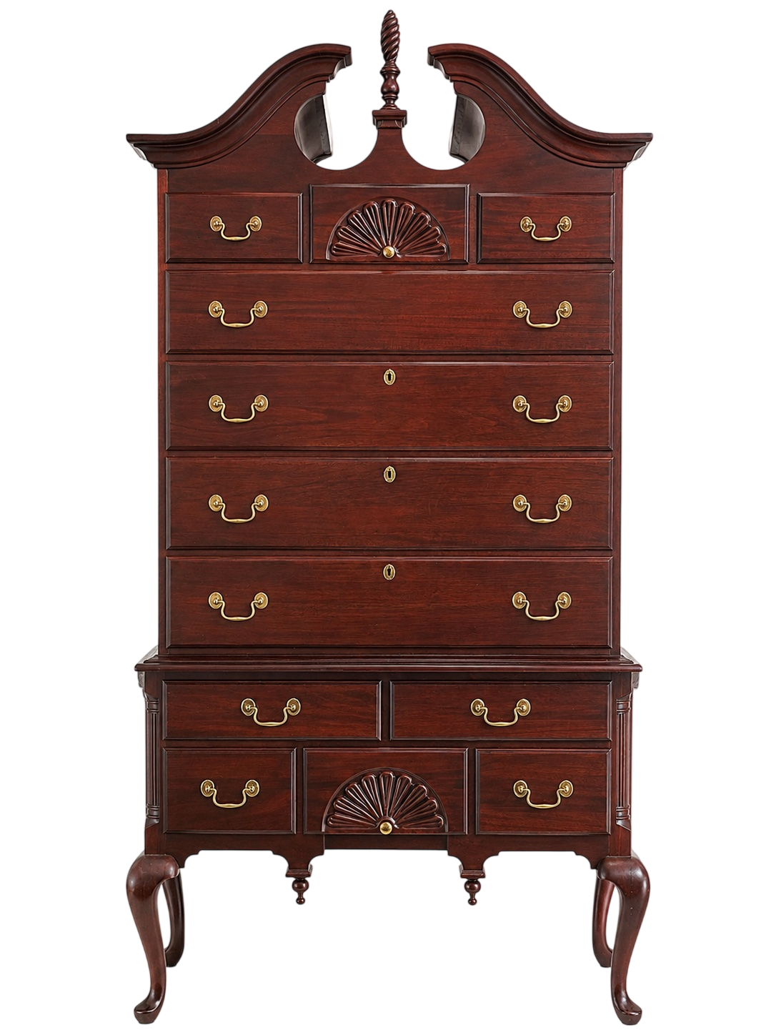 Jamestown Sterling mahogany Chippendale highboy chest, full front view with decorative pediment and multiple drawers