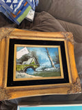 Vintage Signed Winter Landscape Oil Painting Bridge Gilt Gesso Frame 11in Good