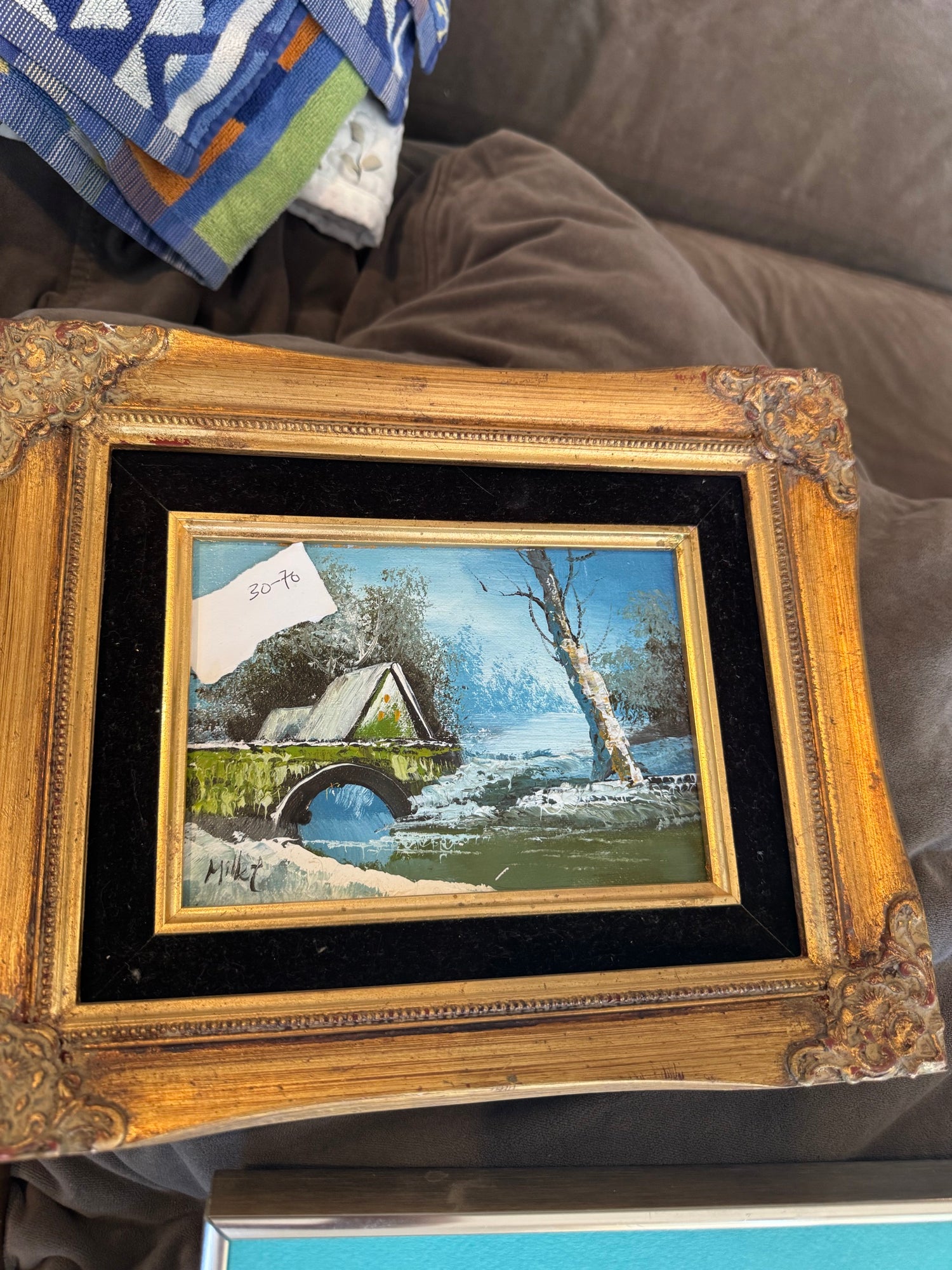 Vintage Signed Winter Landscape Oil Painting Bridge Gilt Gesso Frame 11in Good