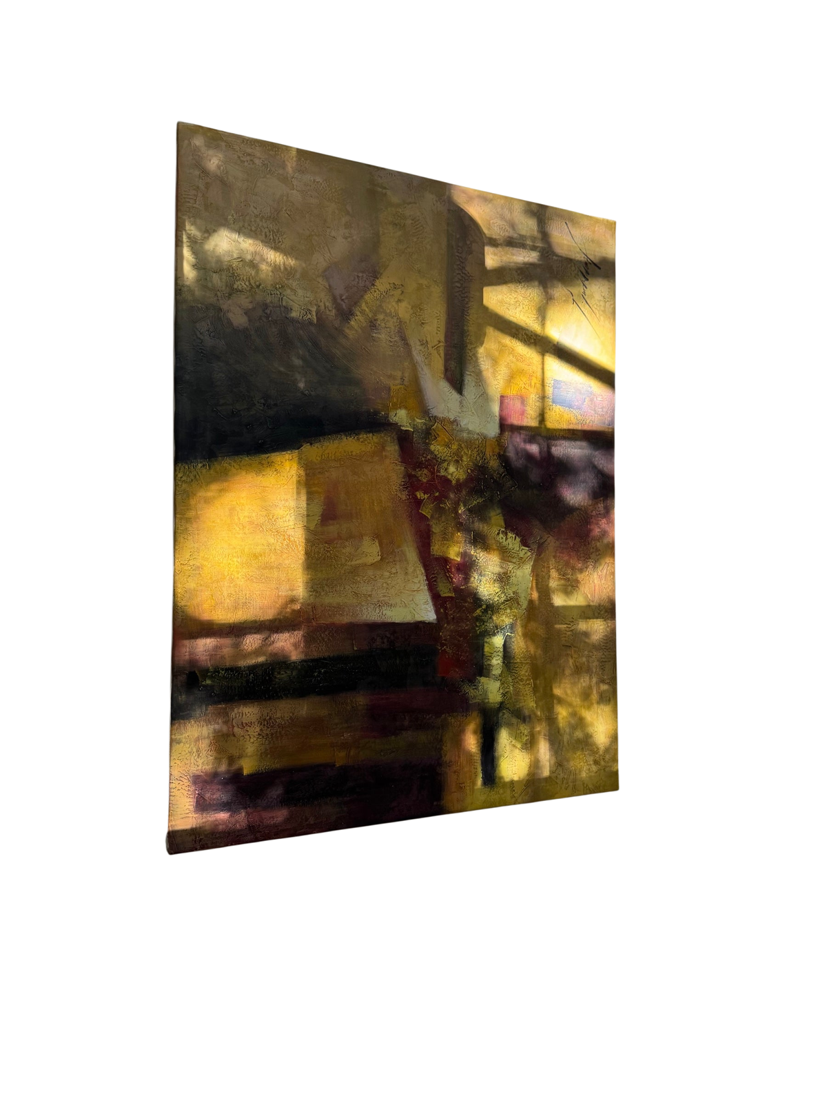 Large abstract canvas painting in gold, olive, and burgundy tones hanging on a gray wall with natural light and shadow patterns