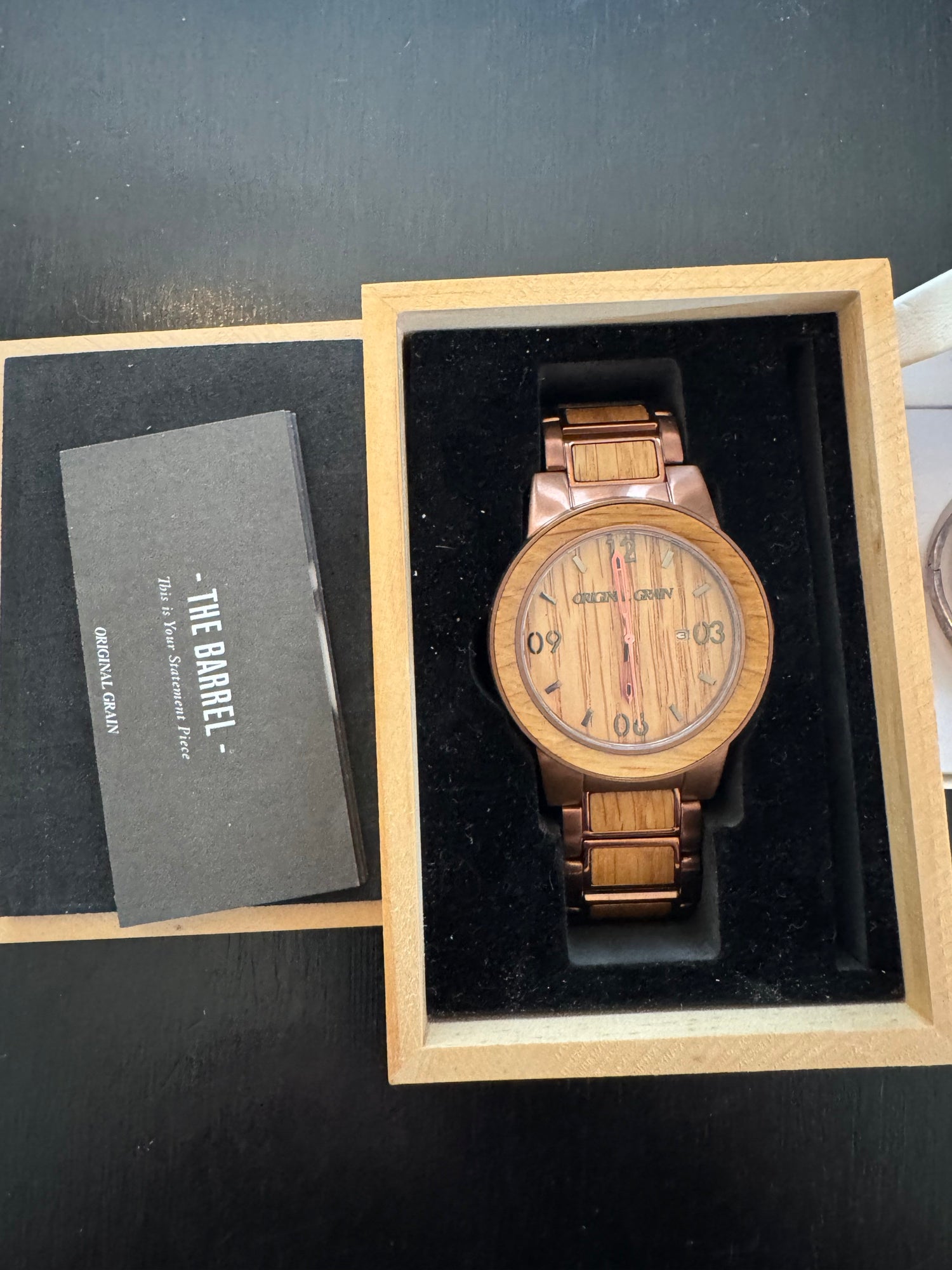 Original Grain The Barrel 47mm Whiskey Barrel Oak Wood Steel Watch w/ Box Good
