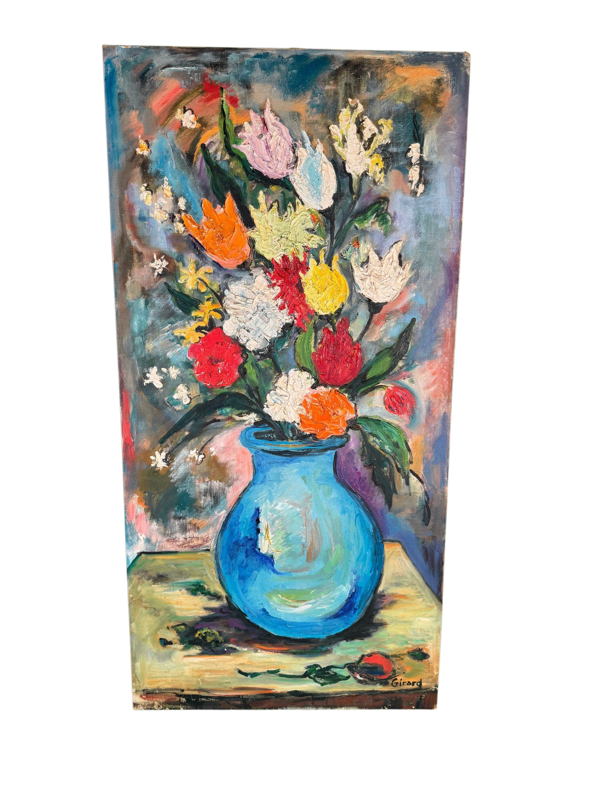 Oil Painting Mixed Bouquet Blue Vase Signed Girard Unframed Canvas Wall Art