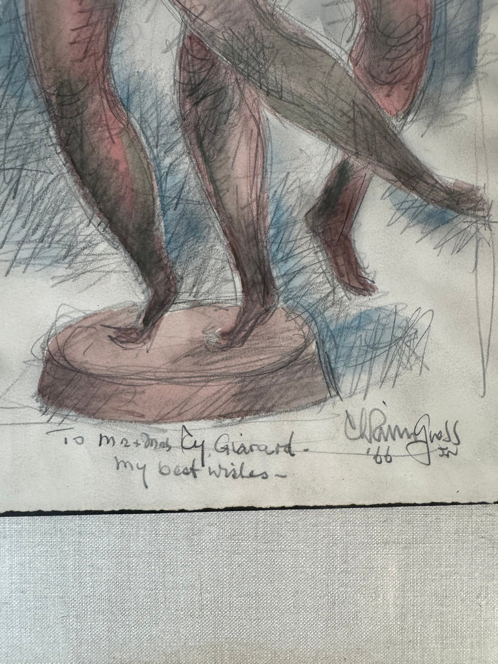 Chaim Gross Signed 1966 Pencil Watercolor Drawing Two Dancers Inscribed Girard