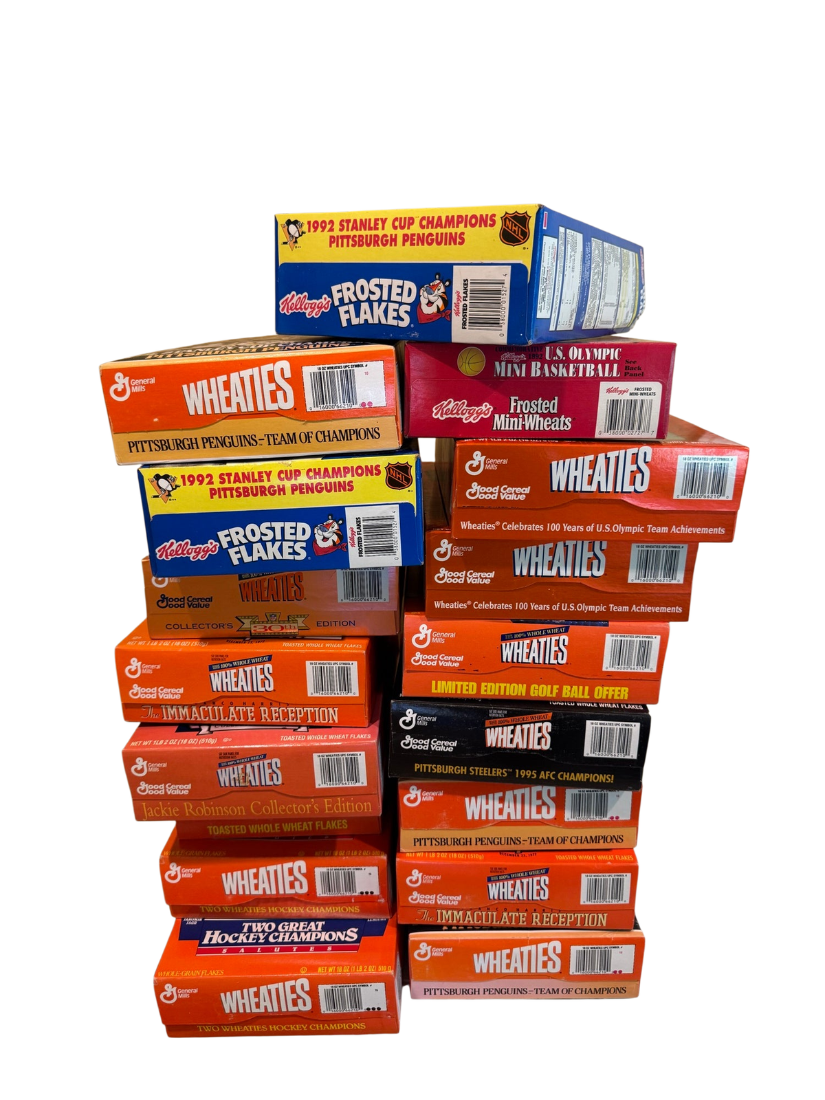 Stack of seventeen unopened cereal boxes featuring Wheaties and Frosted Flakes brands, displaying Pittsburgh sports championship themes on white table