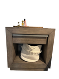 Gray oak nightstand with one drawer and an open shelf