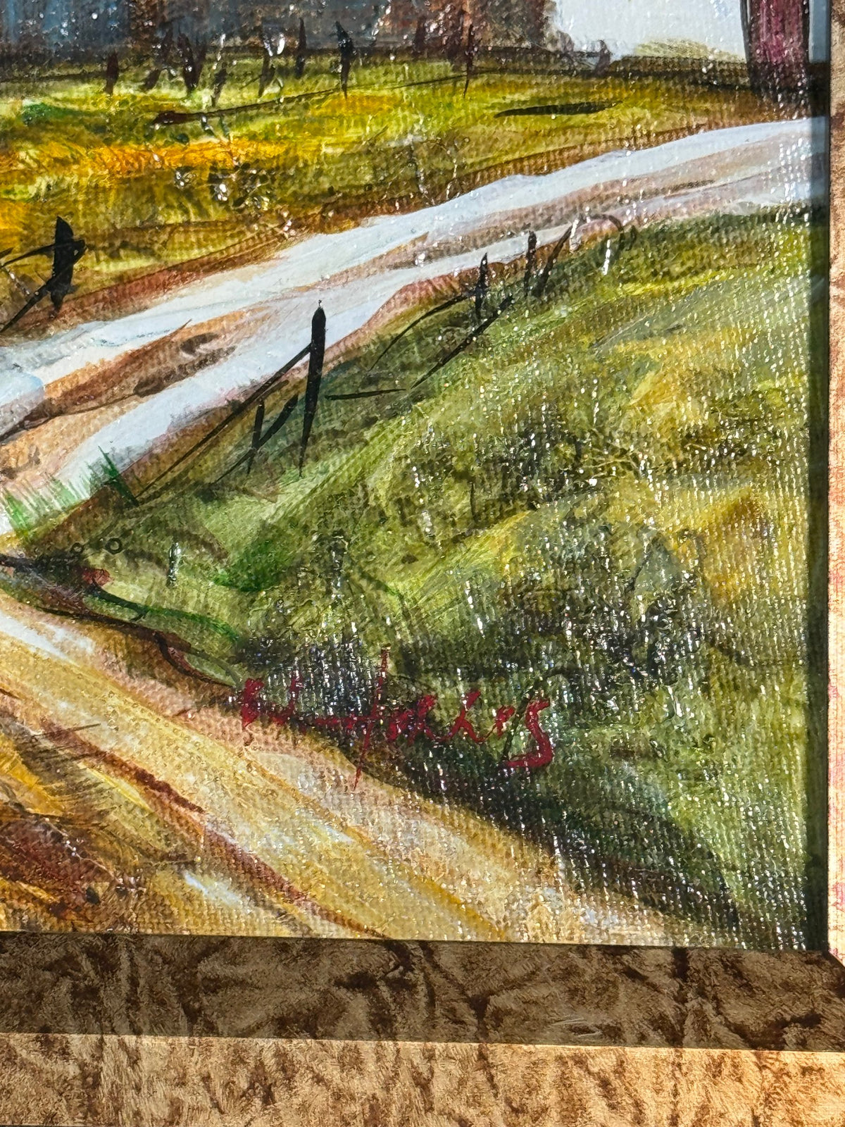 Original Oil on Canvas Painting Autumn Landscape with Barn Ornate Gilt Frame