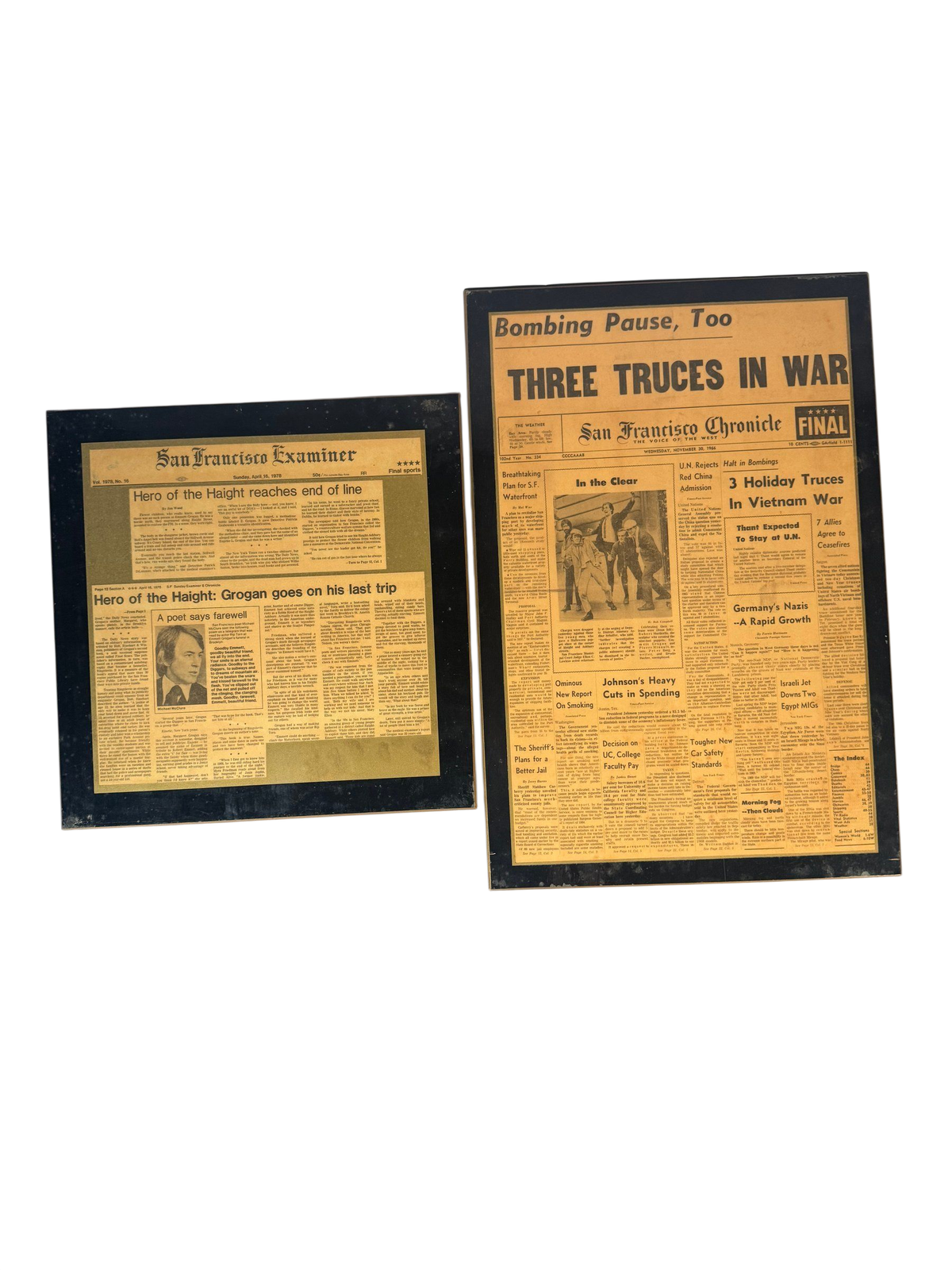 Framed San Francisco Chronicle 1966 and Examiner 1978 Grogan Newspaper Pair