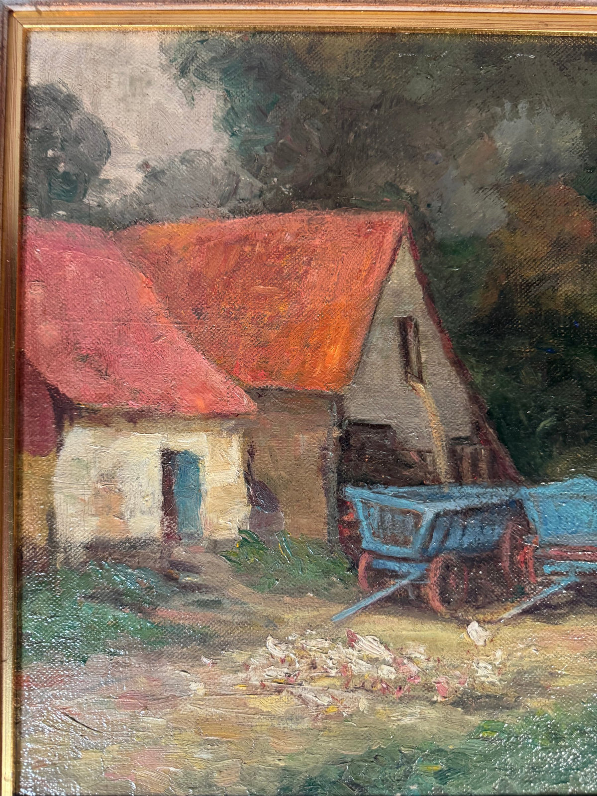 Vintage Farmyard Oil Painting on Canvas Blue Wagons Geese Signed H Knapping