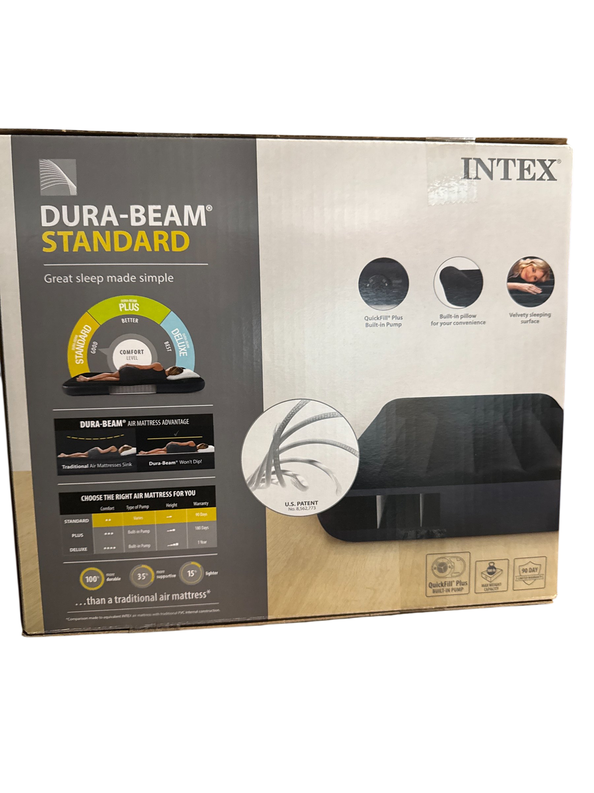 Intex Dura-Beam Standard air mattress box showing product features, specifications, and built-in pump details
