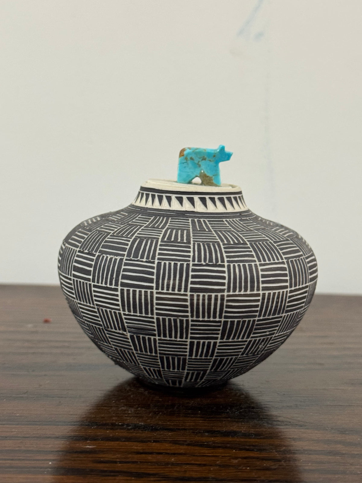 Acoma Pueblo Seed Pot Fine Line Black on White Turquoise Bird Fetish Signed