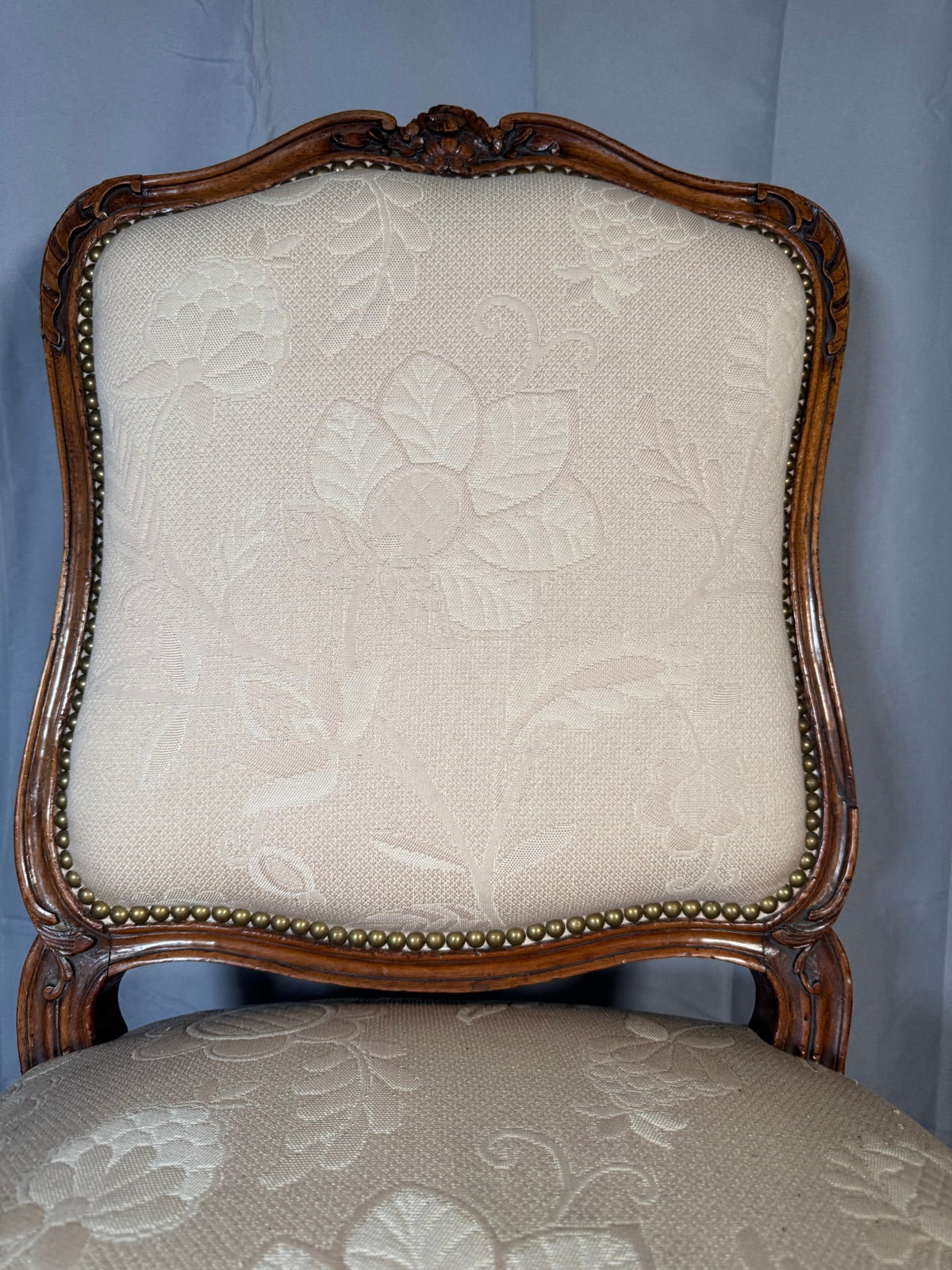 Louis XV Style Carved Walnut Side Chair, Cream Damask