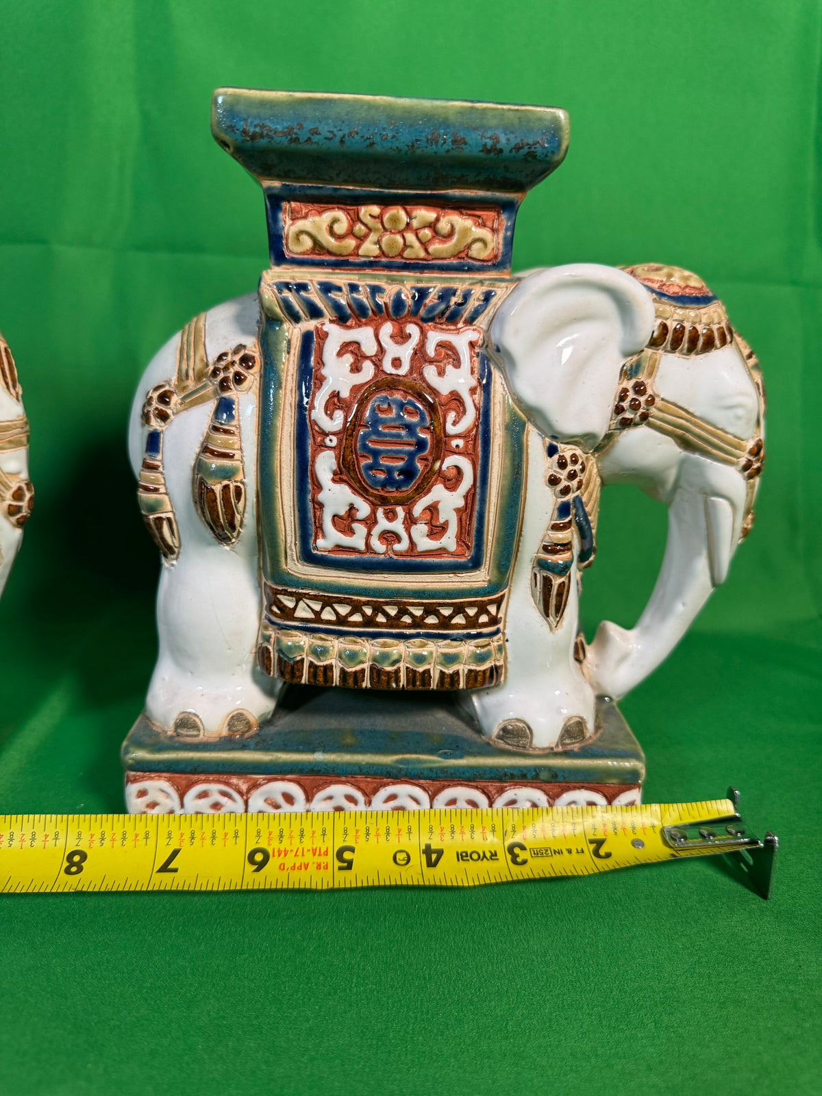 Pair Polychrome Ceramic Elephant Plant Stands Shou Medallion Mid-20th Century