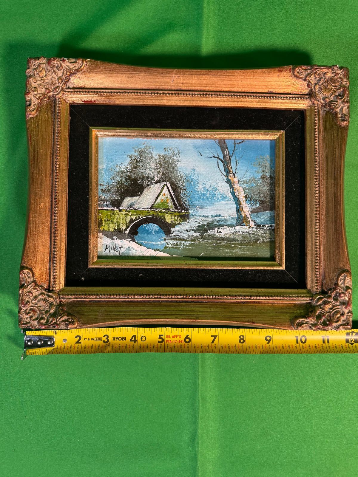 Small Framed Oil Painting Winter Landscape Stone Bridge Birch Signed Millet