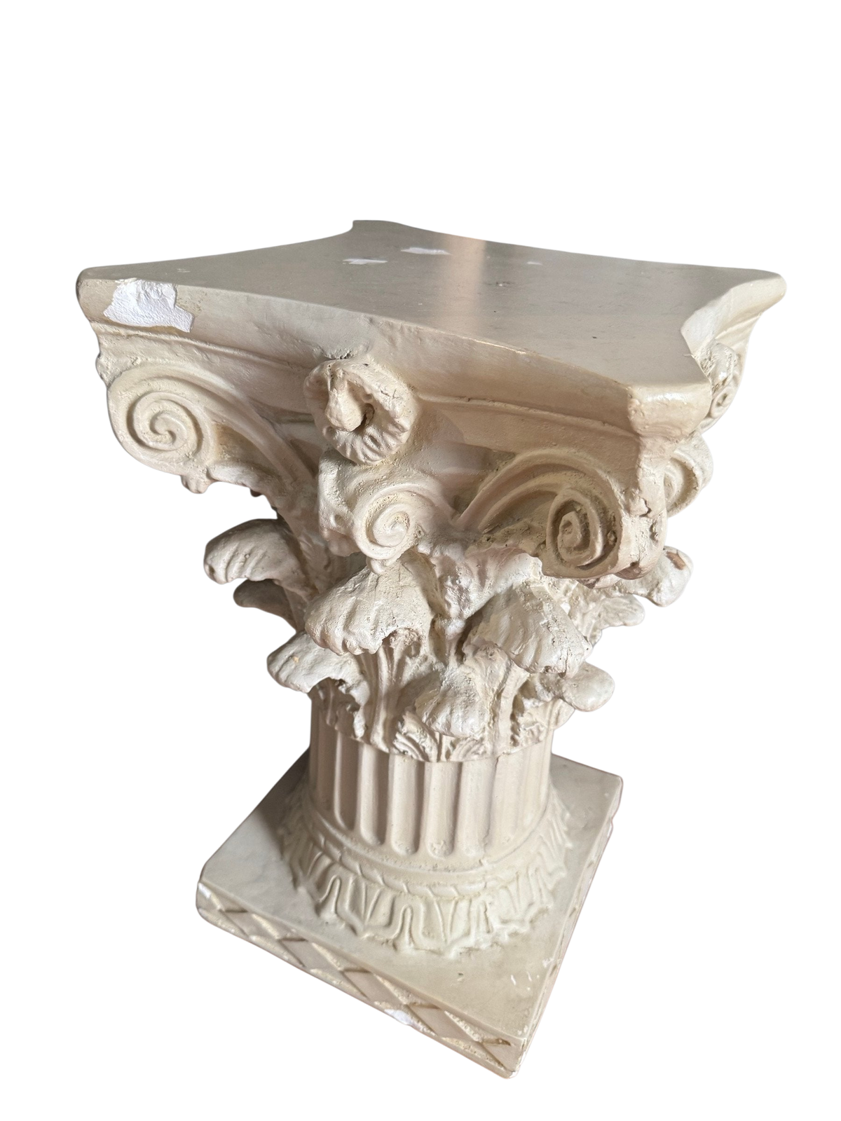 Corinthian capital pedestal table in cream finish