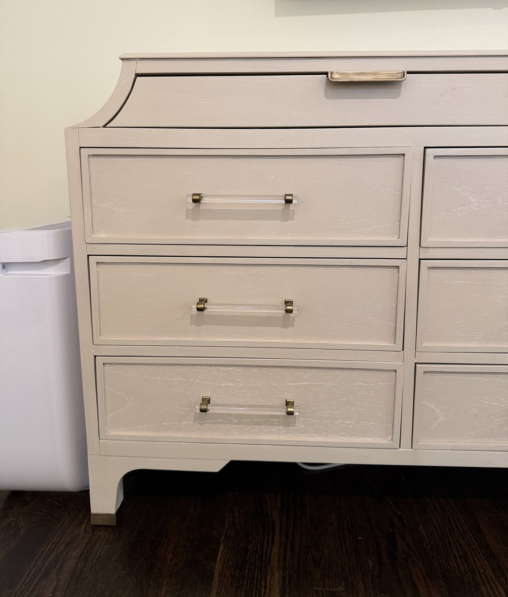 Left end of the Gabby Alexandra dresser, acrylic and brass pulls and shaped leg
