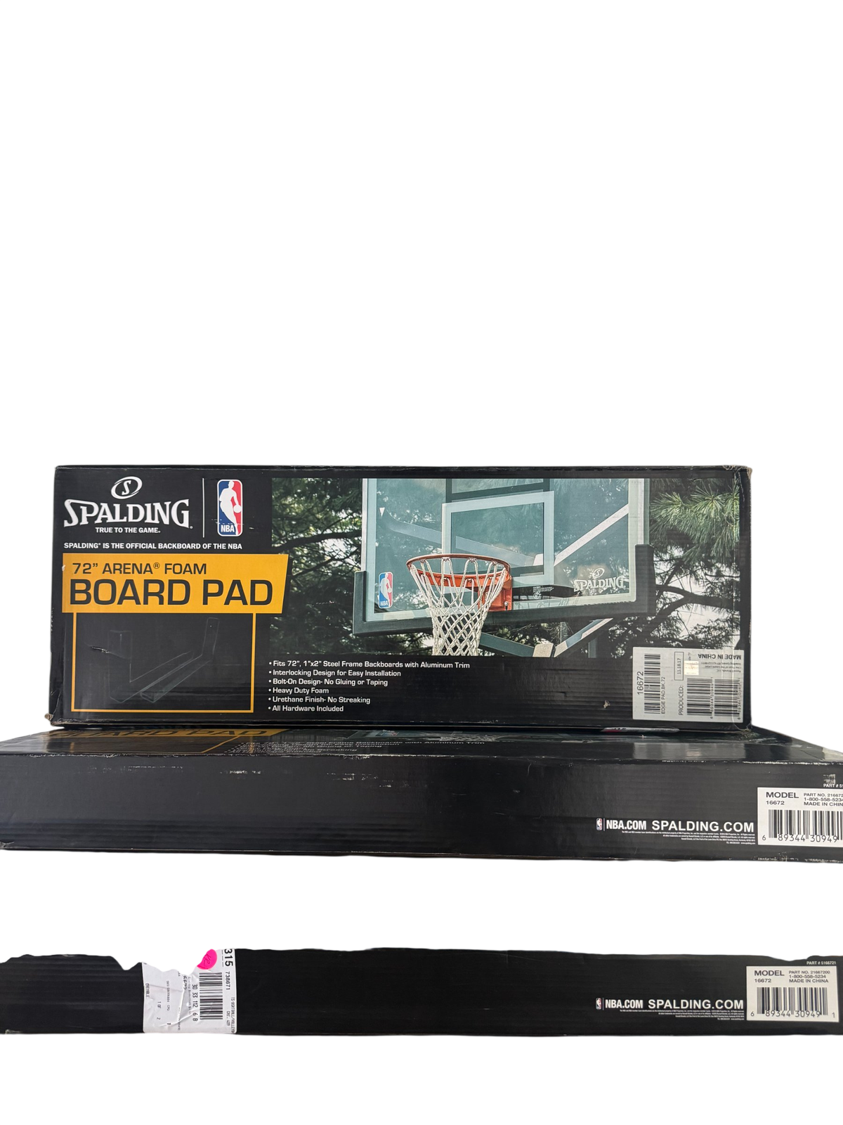 Spalding 72" Arena Foam Board Pad box with NBA branding, showing basketball hoop photograph and product features on packaging