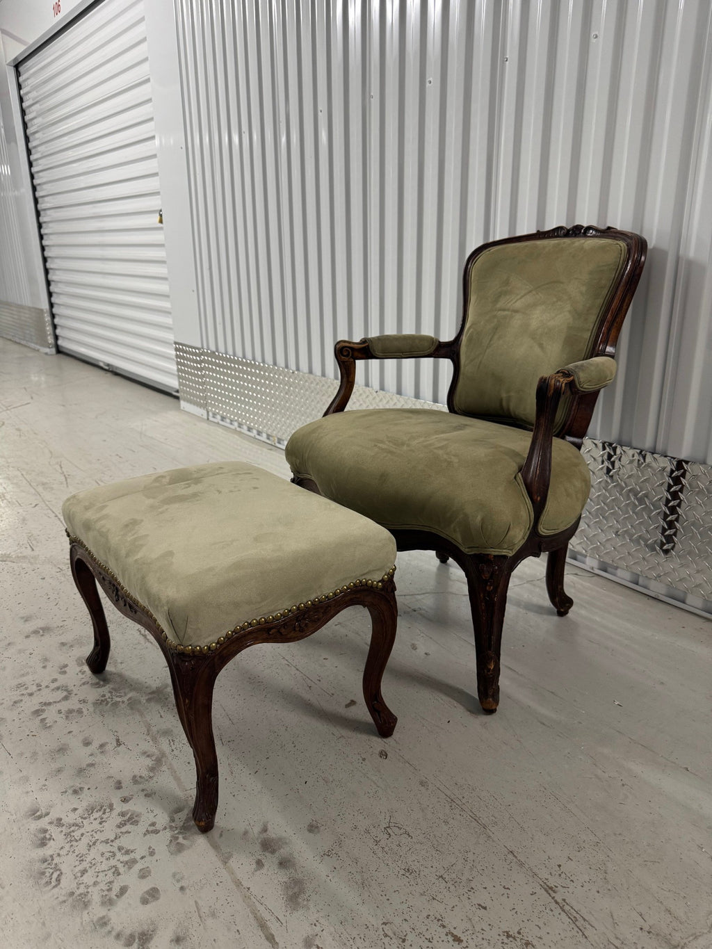 Victorian Carved Walnut Armchair with Matching Ottoman