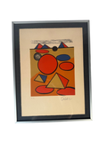 Colour lithograph of pyramids, discs and a spiral on an orange ground, framed under glass in a silver aluminium frame on a black linen mat