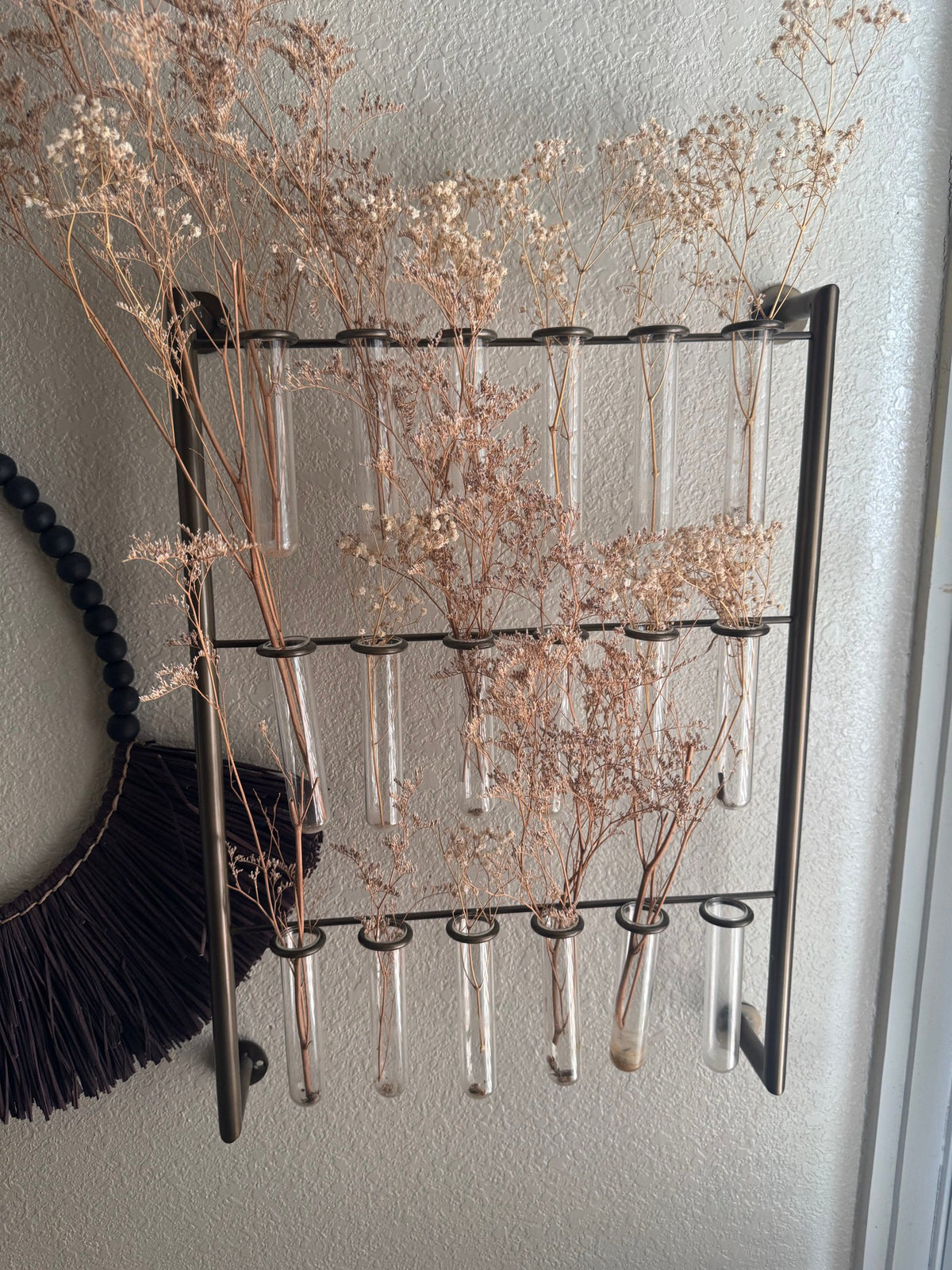 Black wall rack with glass test tubes