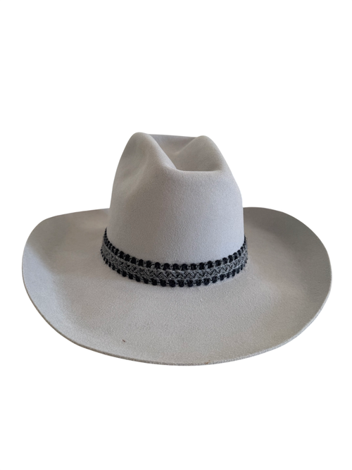 White felt cowboy hat with black decorative band, photographed against white background