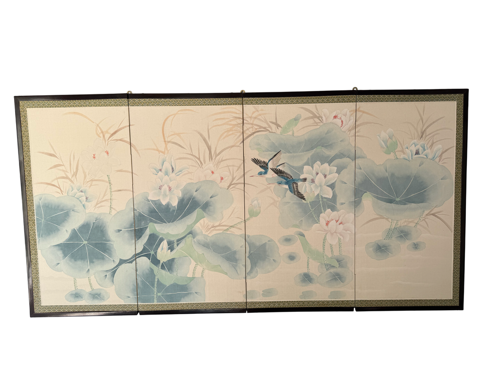 Japanese Four Panel Byobu Folding Screen Hand Painted Lotus Pond and Kingfishers 70 x 34 in