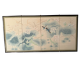 Japanese Four Panel Byobu Folding Screen Hand Painted Lotus Pond and Kingfishers 70 x 34 in