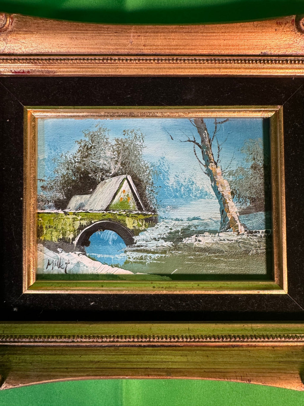 Small Framed Oil Painting Winter Landscape Stone Bridge Birch Signed Millet