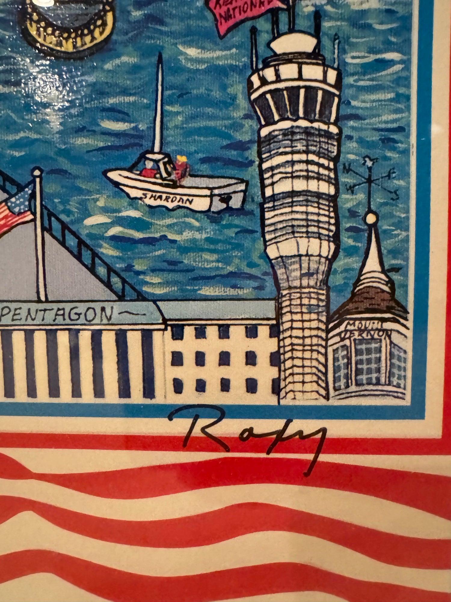 Close-up detail of artwork showing Pentagon building, Washington Monument, and Potomac River with boat labeled 'Shardan', signed 'Rody'