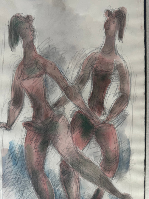 Chaim Gross Signed 1966 Pencil Watercolor Drawing Two Dancers Inscribed Girard