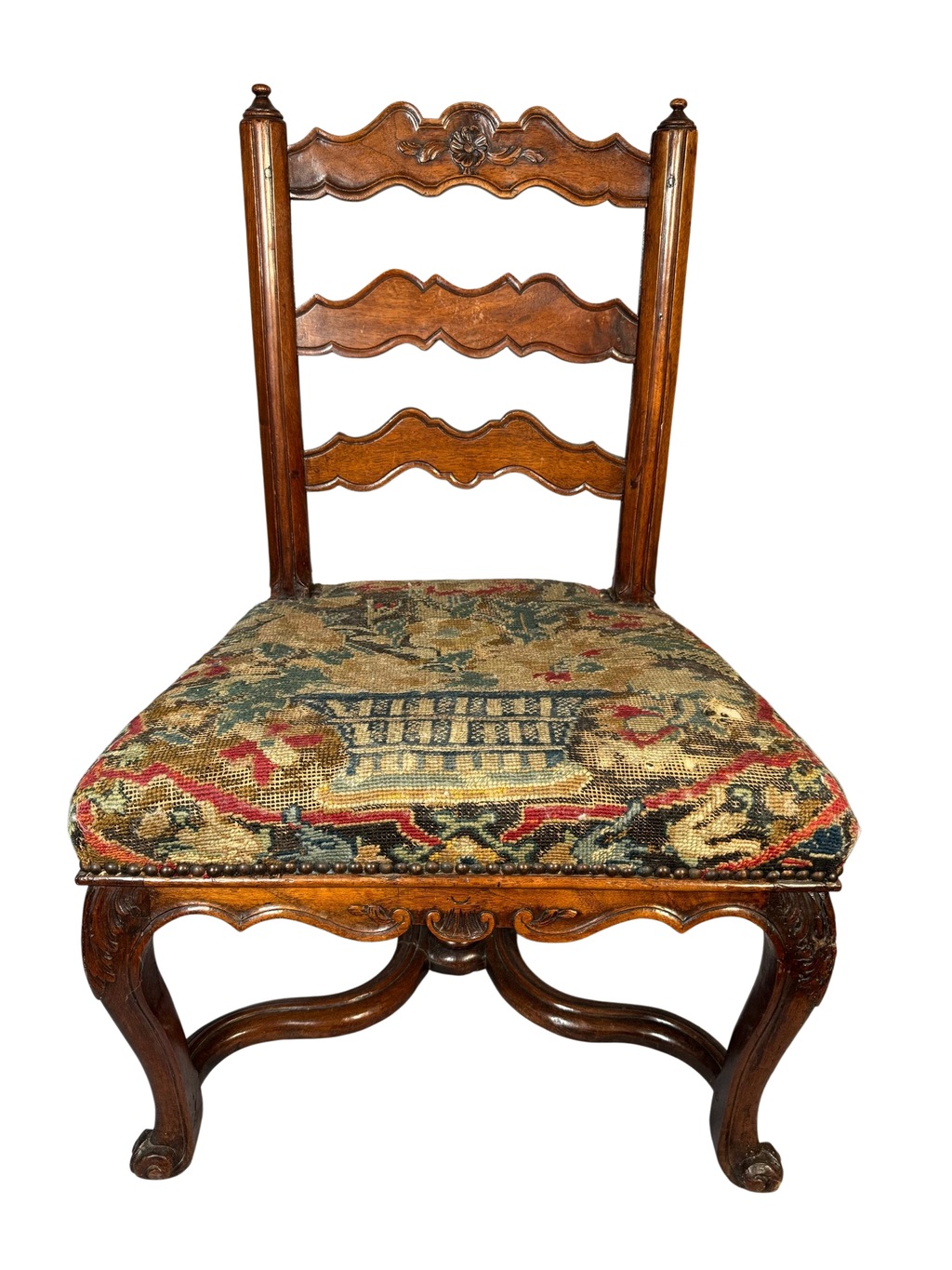 French Carved Walnut Ladderback Side Chair, Antique Needlepoint Seat