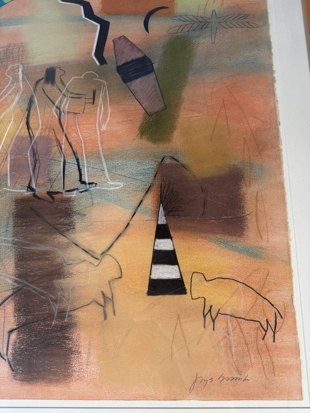 Original Southwestern Abstract Pastel, Figures Animals Rainbow Arc, Framed 29x37