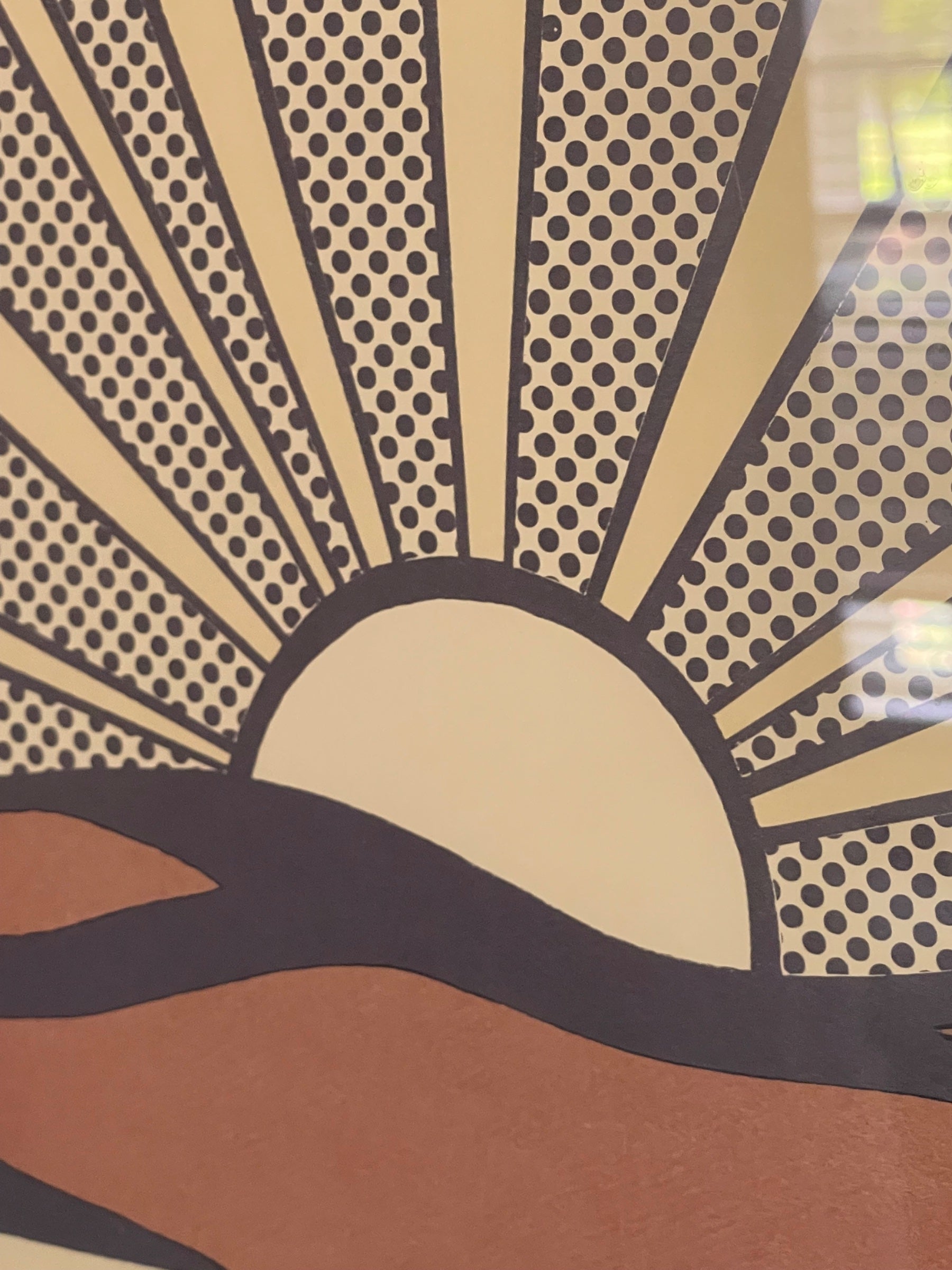 Detail of sun and upper rays showing black outlines, cream background, and dotted halftone texture characteristic of Lichtenstein's style