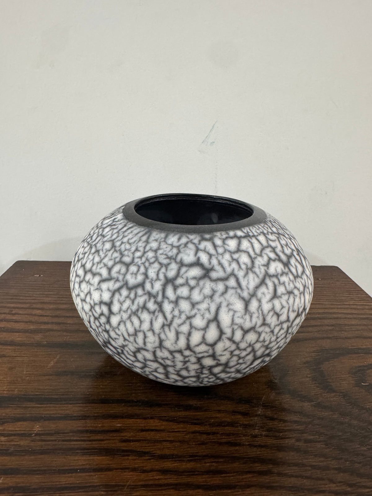 Studio Pottery Vase White Crackle Lichen Glaze Dark Body Impressed Mark