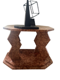 Postmodern octagonal side table with tessellated red marble zigzag pedestal base, topped with black sculptural abstract geometric sculpture