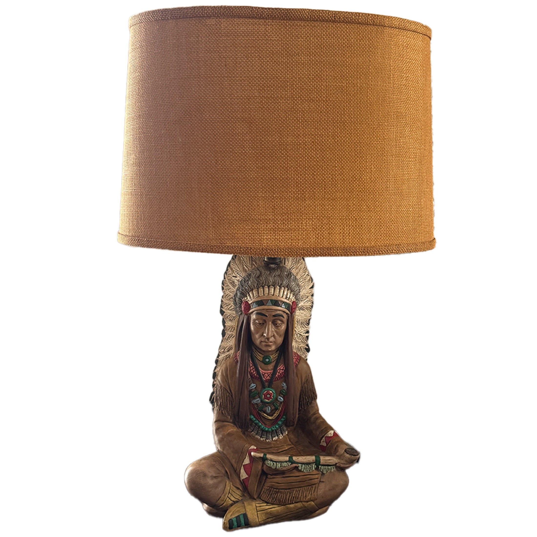 Native American Chief Figural Table Lamp Seated Figure Burlap Shade Vintage