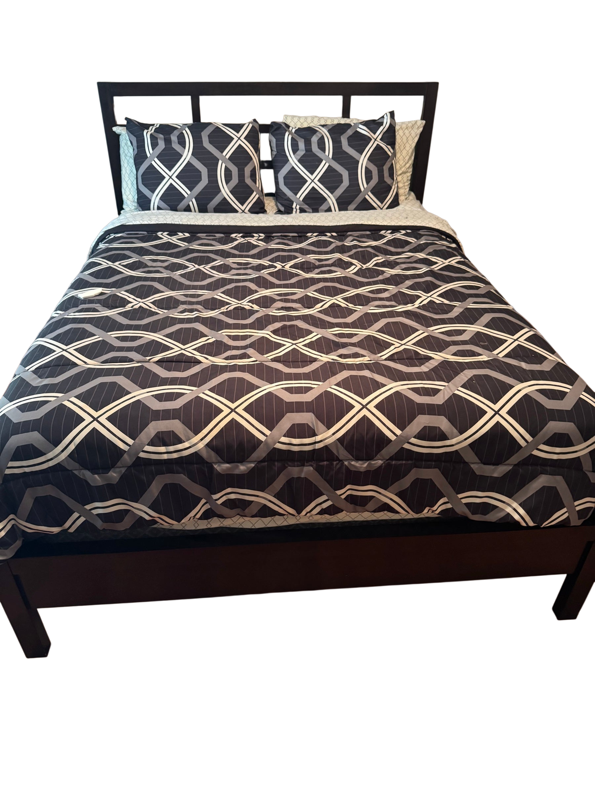 Espresso metal queen platform bed frame with slatted headboard, shown with bedding and pillows in a bedroom setting