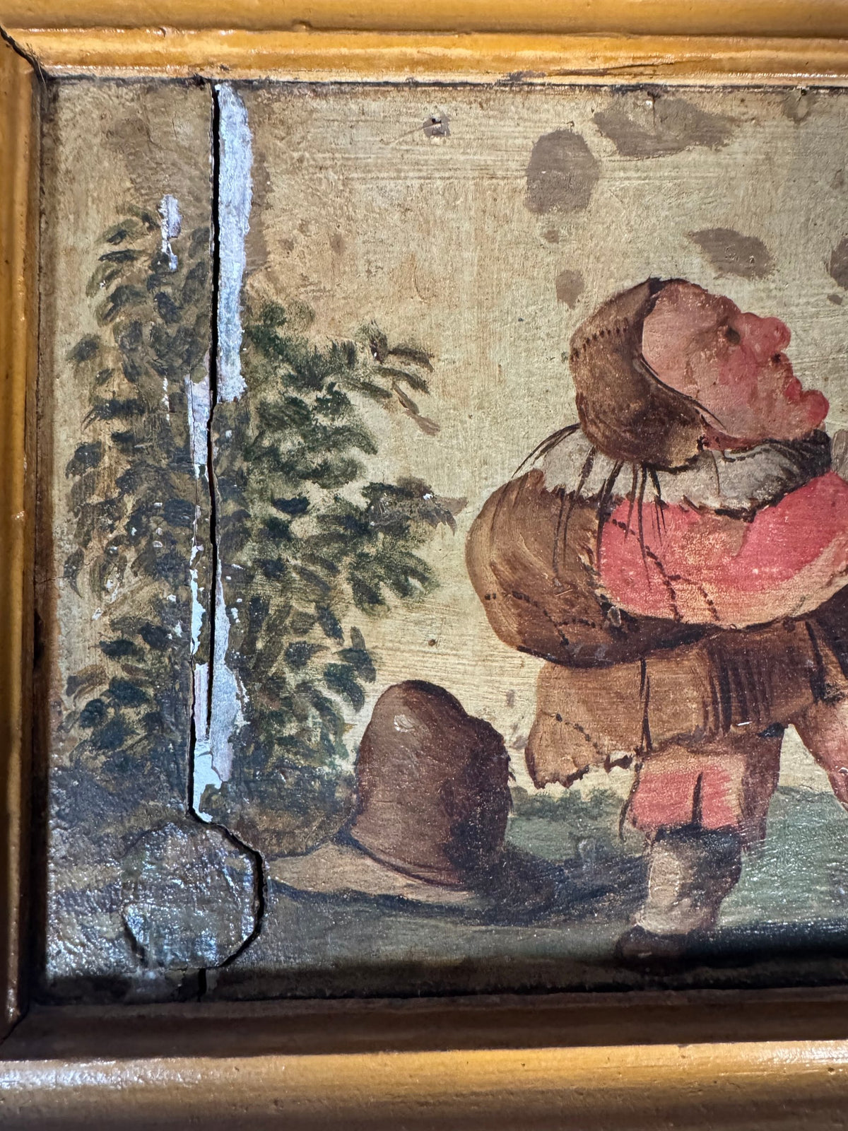 Grotesque Dwarf Oil on Panel Painting After Callot Gobbi Type, Deep Wood Frame