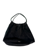 Black suede hobo bag with gathered top and dual handles, displayed front-facing against white background