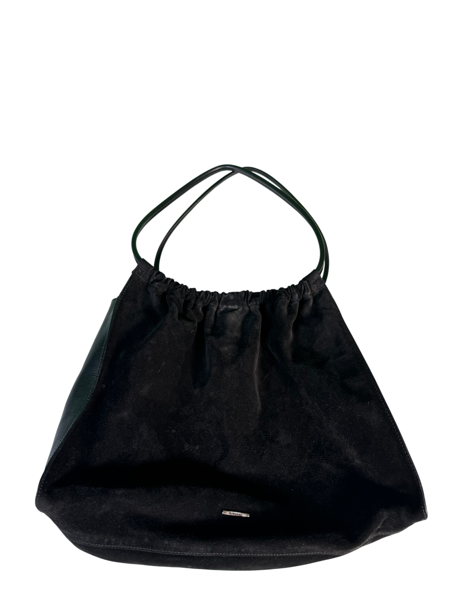 Black suede hobo bag with gathered top and dual handles, displayed front-facing against white background