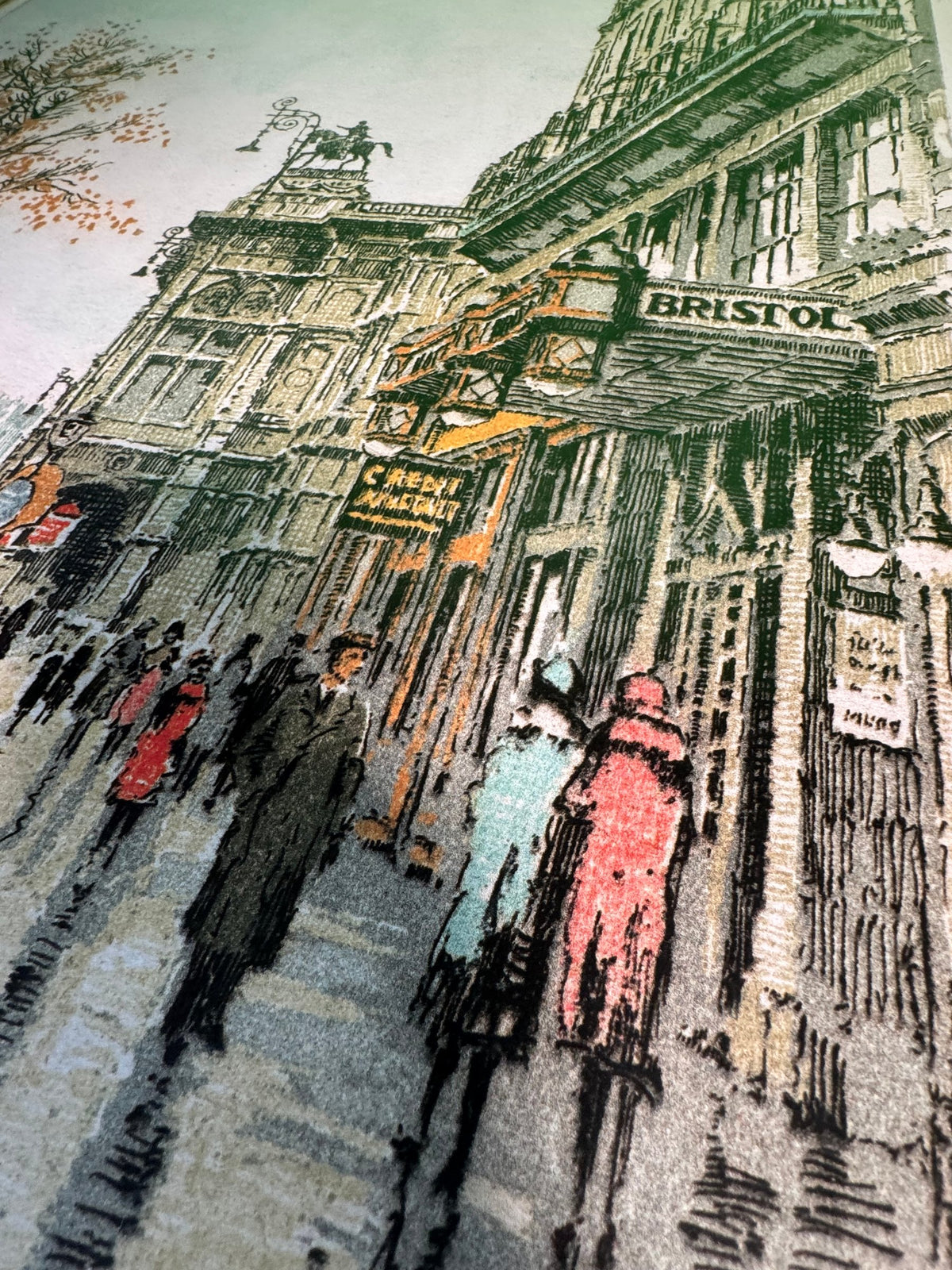 Hand-Colored Etching and Aquatint Vienna Street Scene with Hotel Bristol Framed