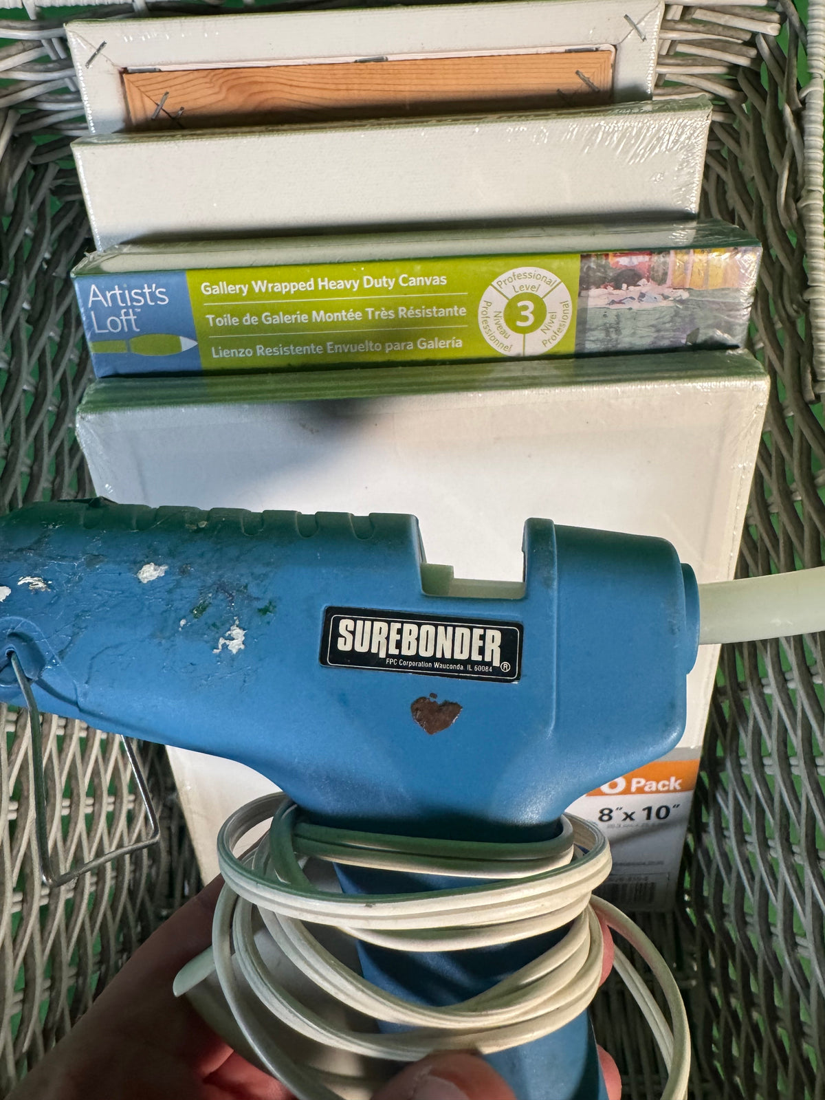 Art Supply Lot Canvases Panels and Tools in Wicker Basket — detail view 2