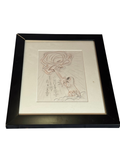 Framed pencil drawing of an eye and a small figure on clouds in a black frame with white mat, straight-on view
