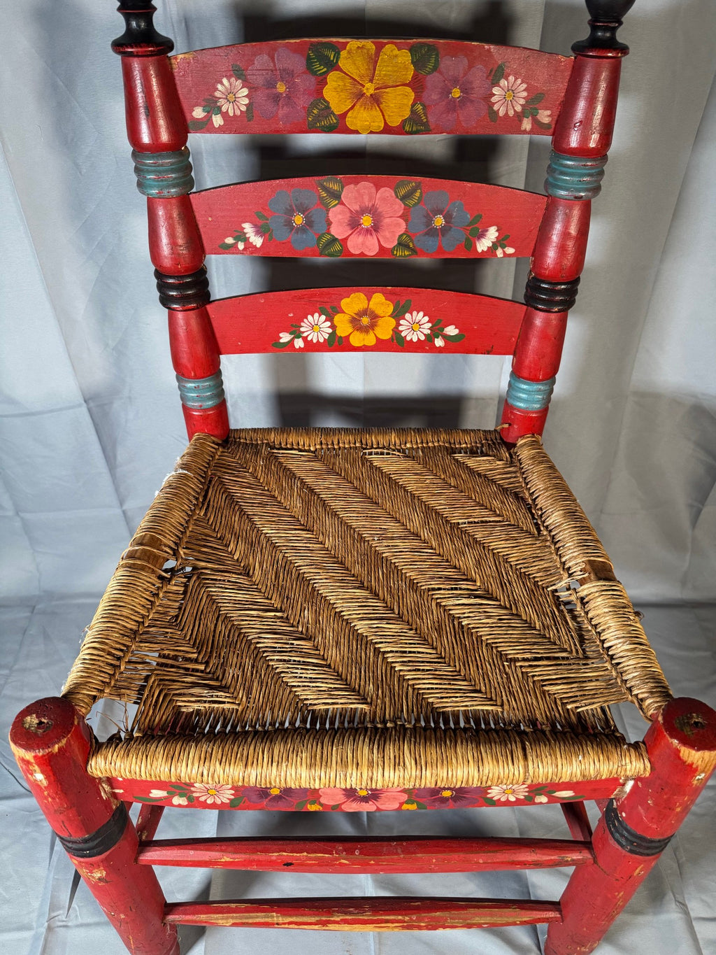 Hand-Painted Folk Art Ladderback Chair with Rush Seat