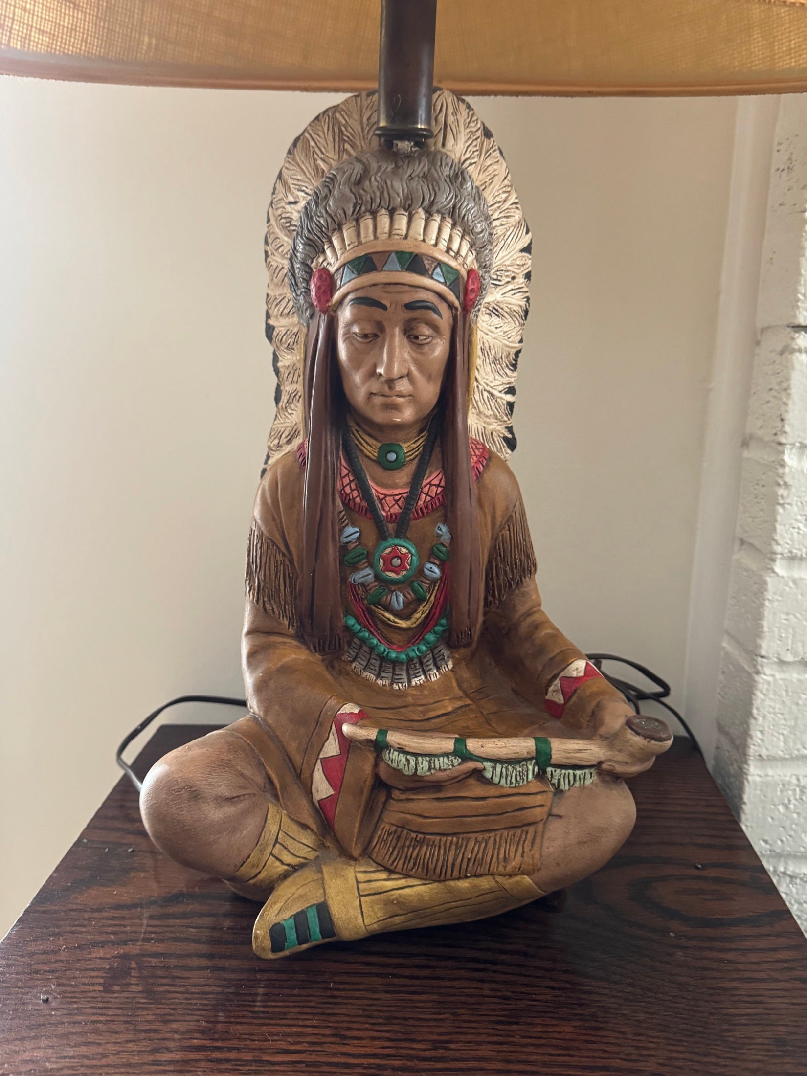 Native American Chief Figural Table Lamp Seated Figure Burlap Shade Vintage