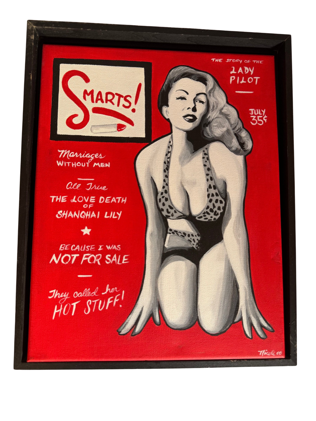 Smarts! pin-up magazine cover style painting in a black floater frame, straight-on