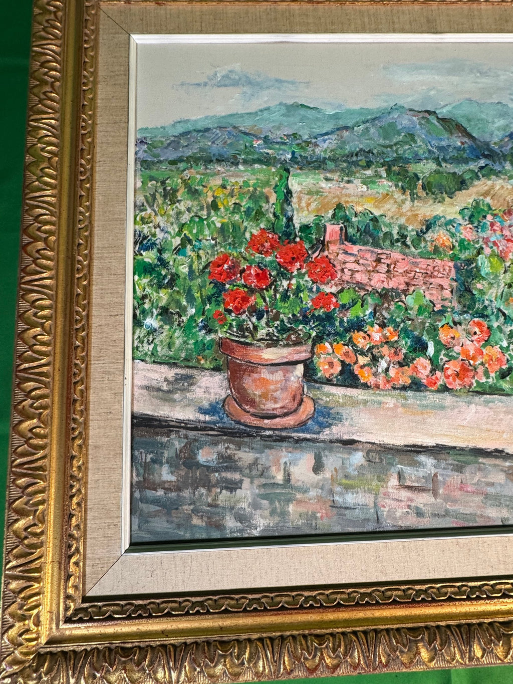 Oil Painting Pot of Geraniums on Terrace Wall Signed Girard 78 Gilt Frame