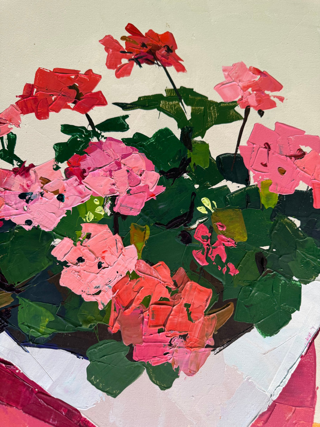 Potted Geraniums Palette Knife Oil Painting Signed Shunney Pink Pot Framed