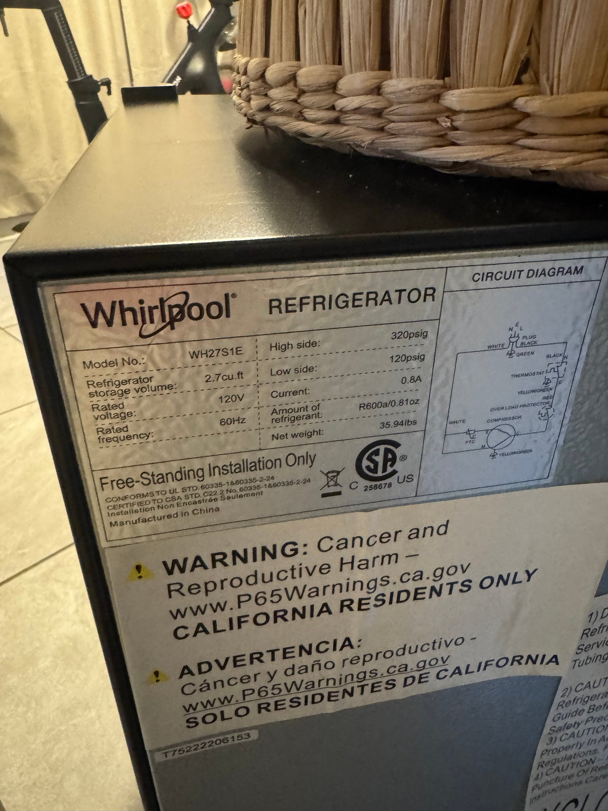 Whirlpool model label on the back